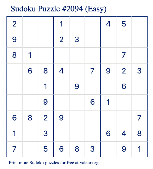 Free Printable Easy Sudoku Puzzle number 2094