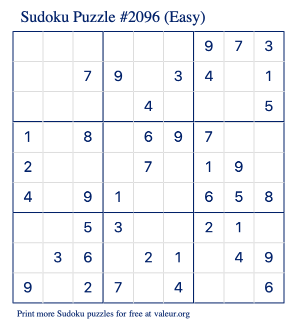 Free Printable Easy Sudoku Puzzle number 2096