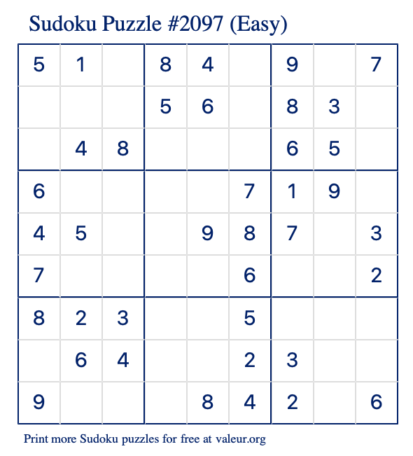 Free Printable Easy Sudoku Puzzle number 2097