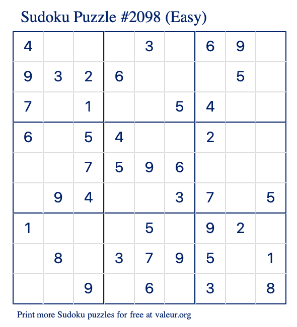 Free Printable Easy Sudoku Puzzle number 2098