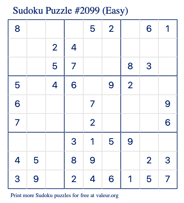 Free Printable Easy Sudoku Puzzle number 2099