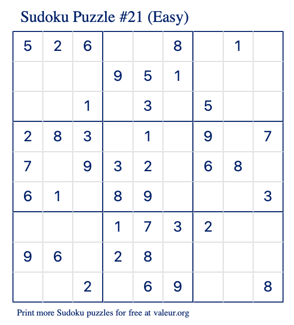 Free Printable Easy Sudoku Puzzle number 21