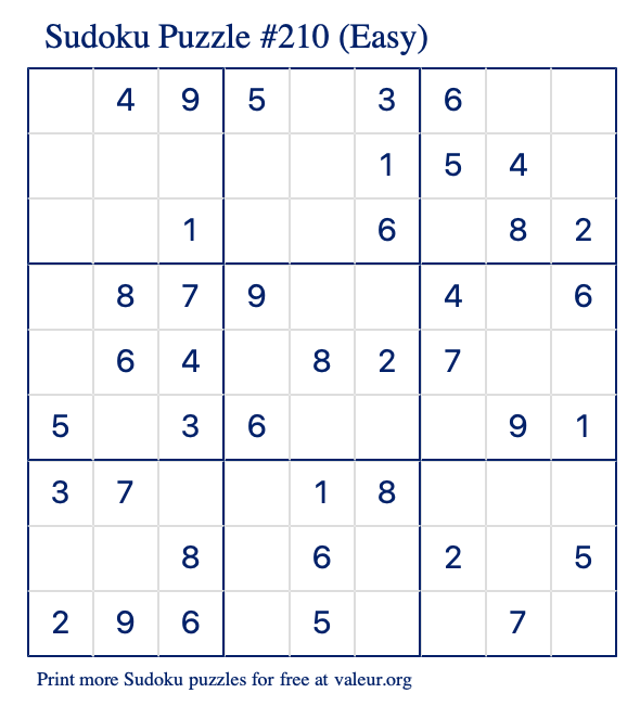 Free Printable Easy Sudoku Puzzle number 210