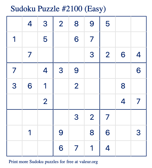 Free Printable Easy Sudoku Puzzle number 2100