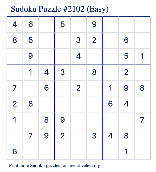 Free Printable Easy Sudoku Puzzle number 2102