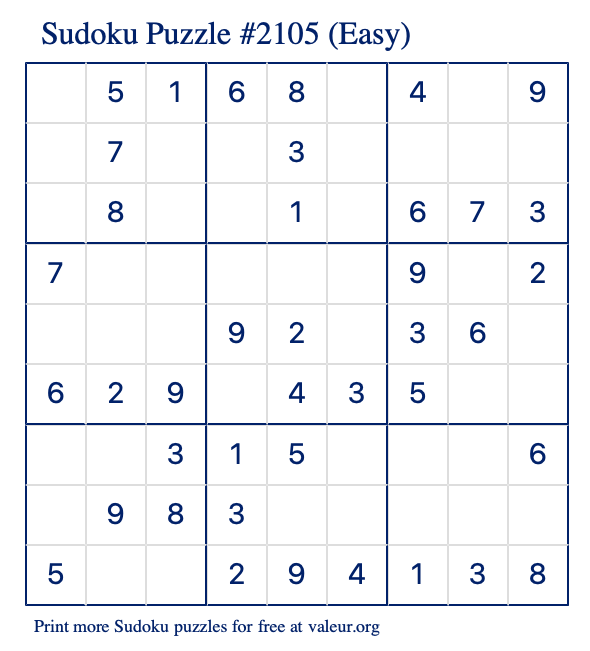 Free Printable Easy Sudoku Puzzle number 2105