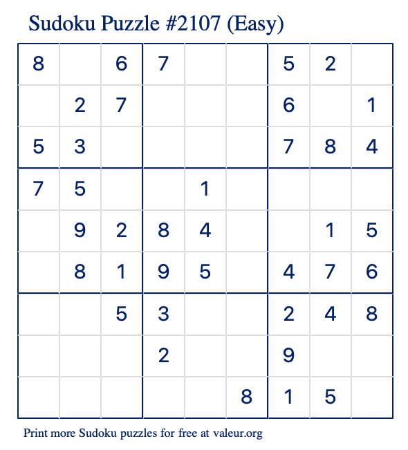 Free Printable Easy Sudoku Puzzle number 2107