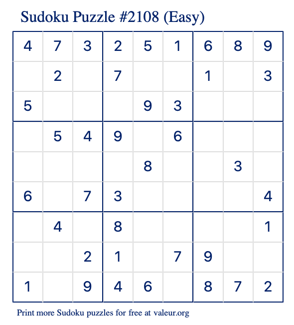 Free Printable Easy Sudoku Puzzle number 2108