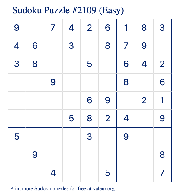 Free Printable Easy Sudoku Puzzle number 2109