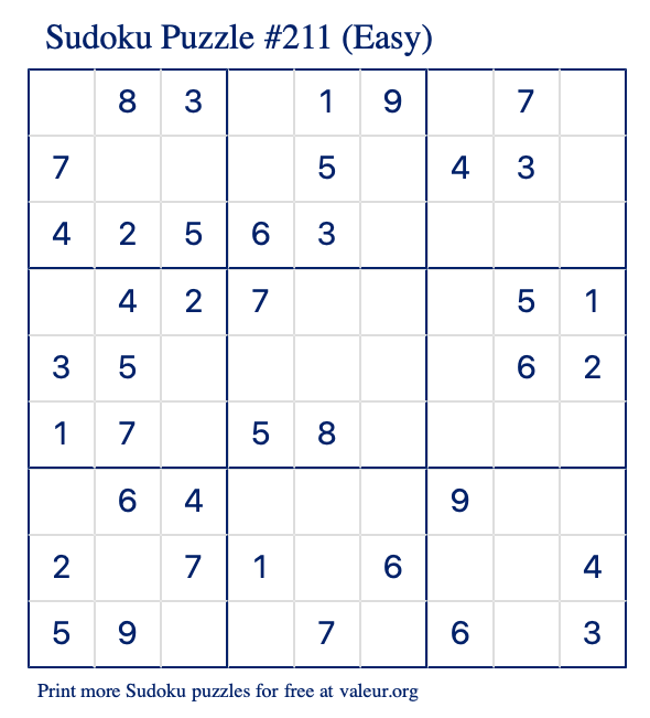 Free Printable Easy Sudoku Puzzle number 211