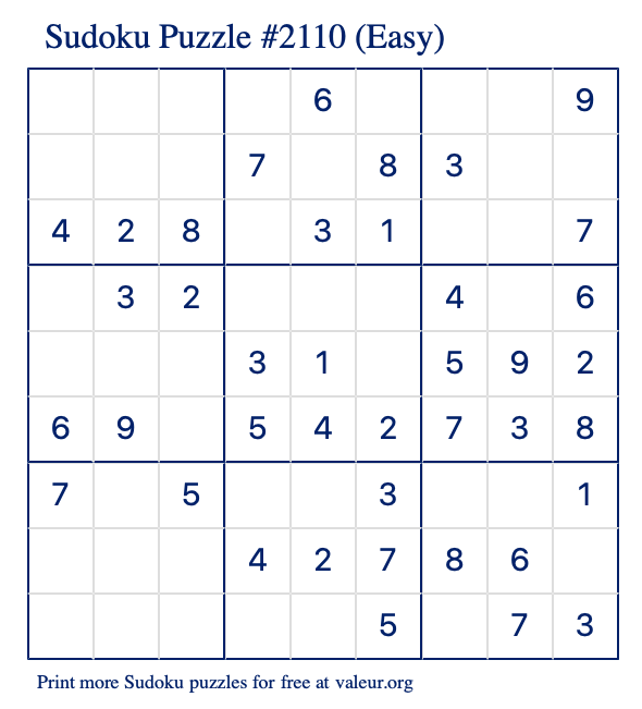 Free Printable Easy Sudoku Puzzle number 2110