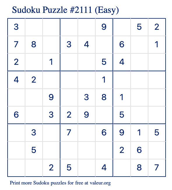 Free Printable Easy Sudoku Puzzle number 2111