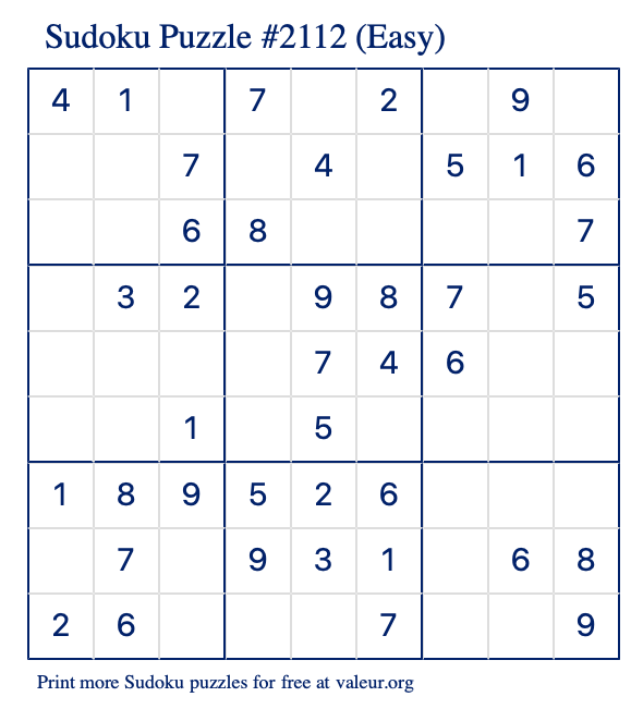 Free Printable Easy Sudoku Puzzle number 2112