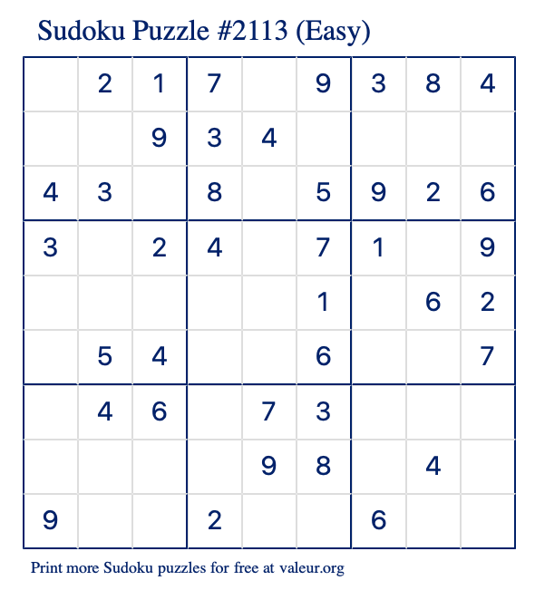 Free Printable Easy Sudoku Puzzle number 2113