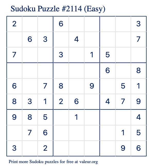 Free Printable Easy Sudoku Puzzle number 2114