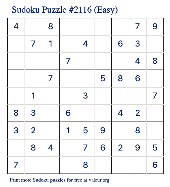 Free Printable Easy Sudoku Puzzle number 2116