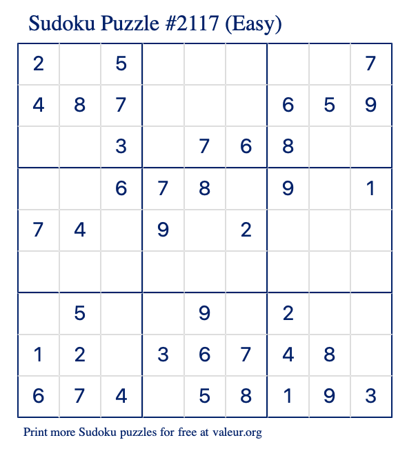 Free Printable Easy Sudoku Puzzle number 2117