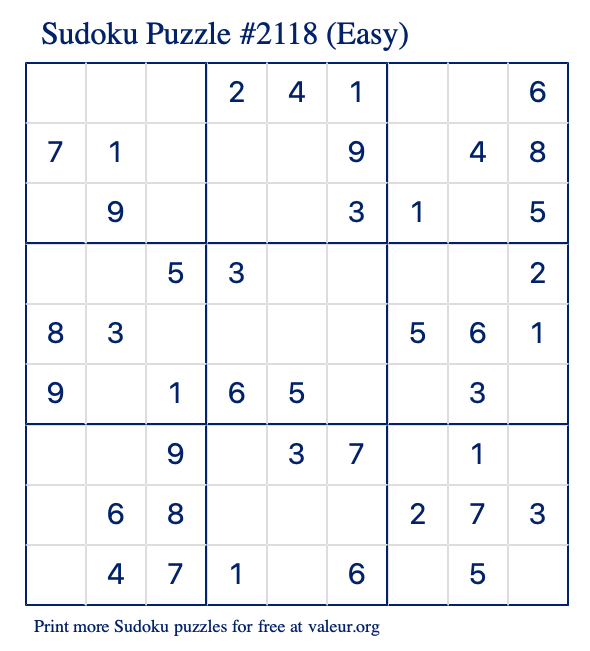 Free Printable Easy Sudoku Puzzle number 2118