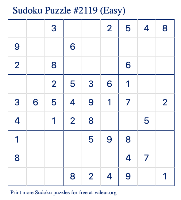 Free Printable Easy Sudoku Puzzle number 2119