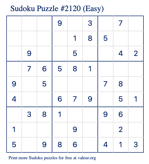 Free Printable Easy Sudoku Puzzle number 2120