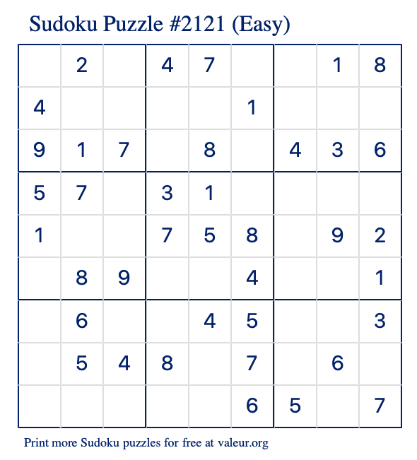 Free Printable Easy Sudoku Puzzle number 2121