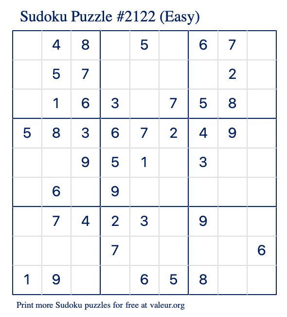 Free Printable Easy Sudoku Puzzle number 2122