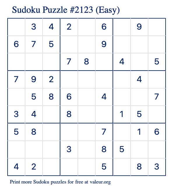 Free Printable Easy Sudoku Puzzle number 2123