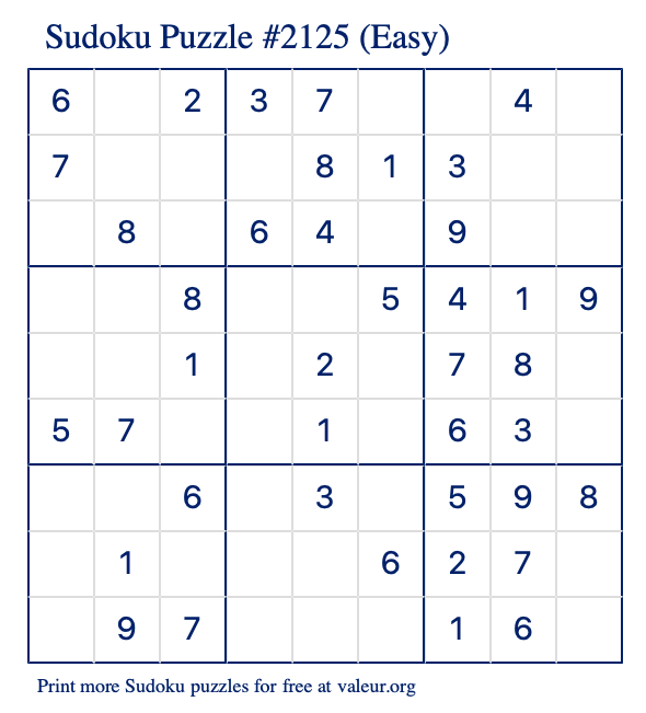 Free Printable Easy Sudoku Puzzle number 2125