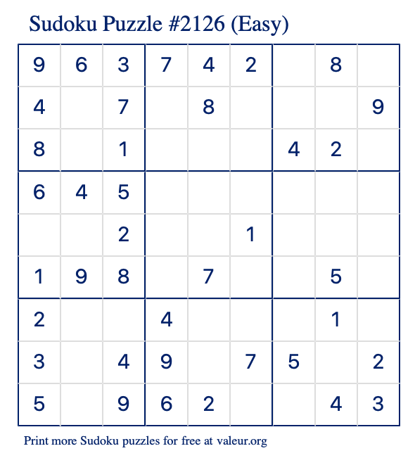 Free Printable Easy Sudoku Puzzle number 2126