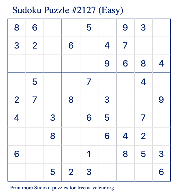 Free Printable Easy Sudoku Puzzle number 2127