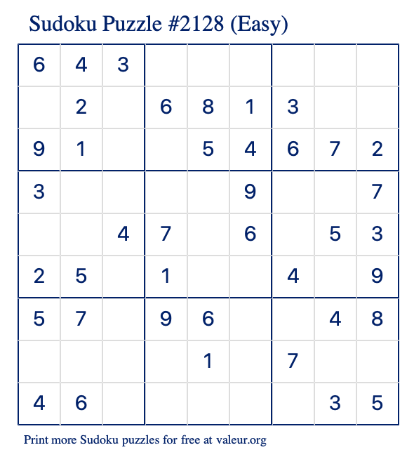 Free Printable Easy Sudoku Puzzle number 2128