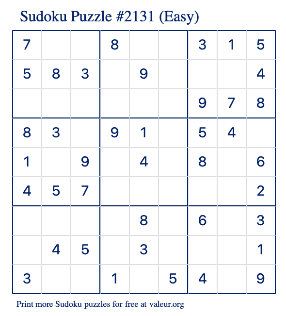 Free Printable Easy Sudoku Puzzle number 2131