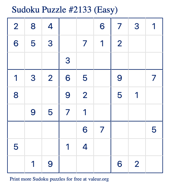 Free Printable Easy Sudoku Puzzle number 2133