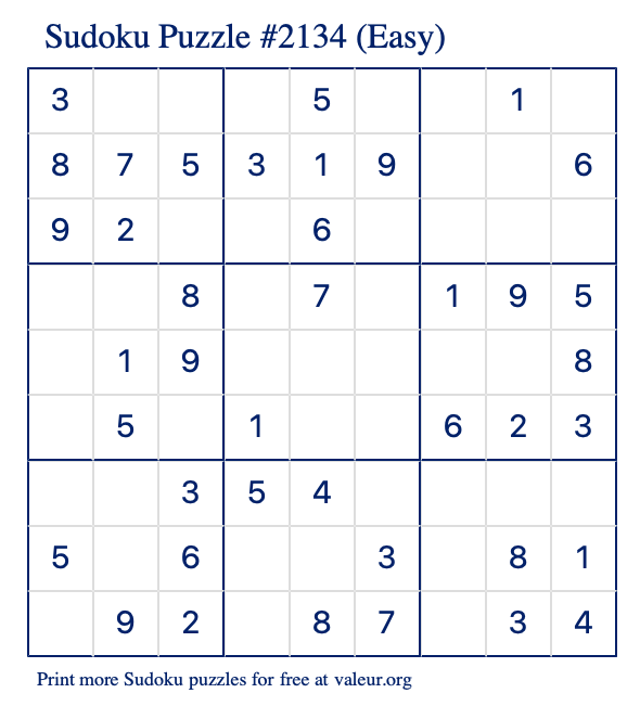 Free Printable Easy Sudoku Puzzle number 2134