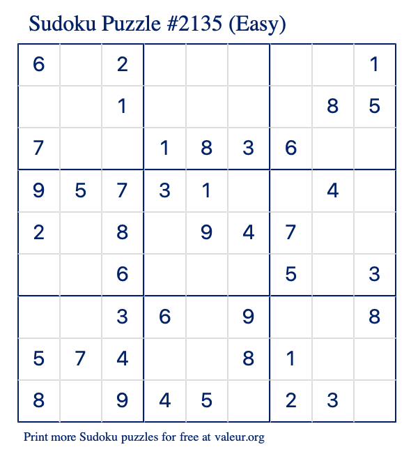 Free Printable Easy Sudoku Puzzle number 2135