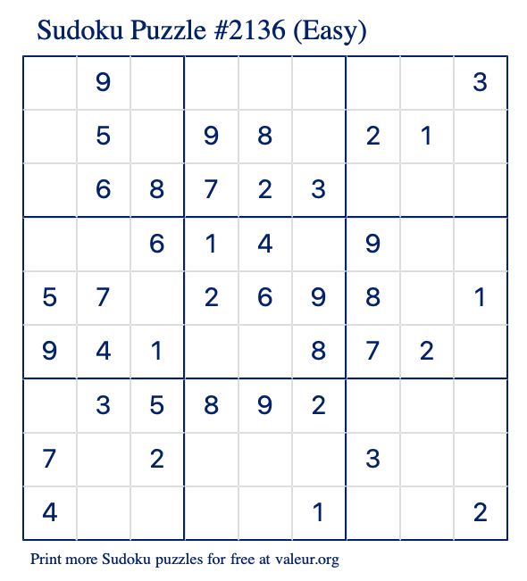 Free Printable Easy Sudoku Puzzle number 2136