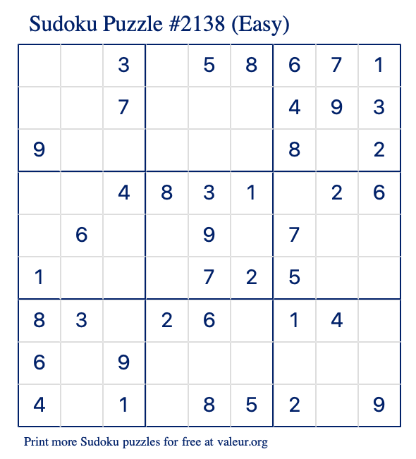 Free Printable Easy Sudoku Puzzle number 2138