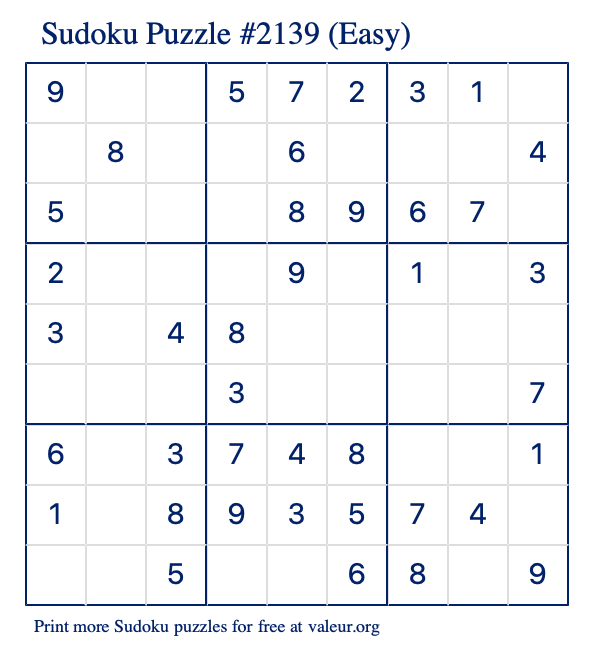 Free Printable Easy Sudoku Puzzle number 2139