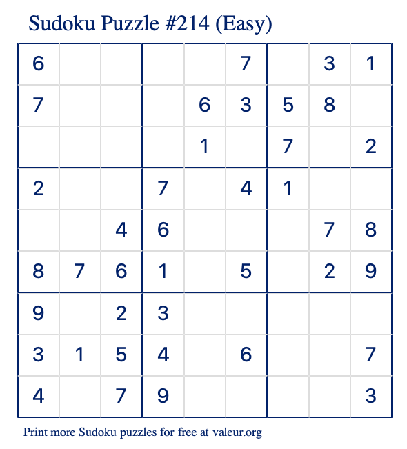 Free Printable Easy Sudoku Puzzle number 214