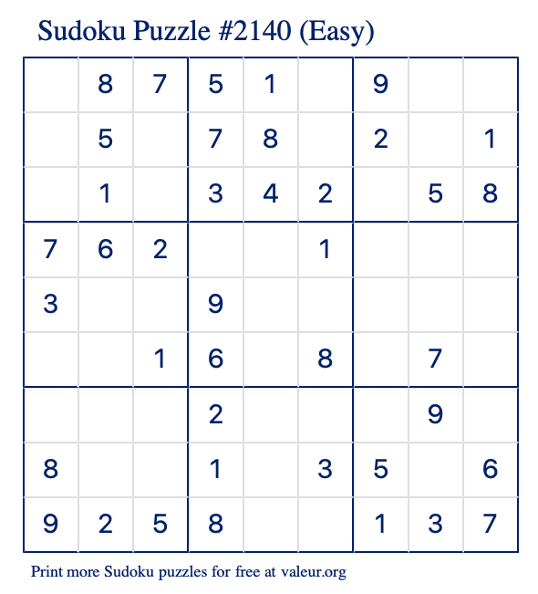 Free Printable Easy Sudoku Puzzle number 2140