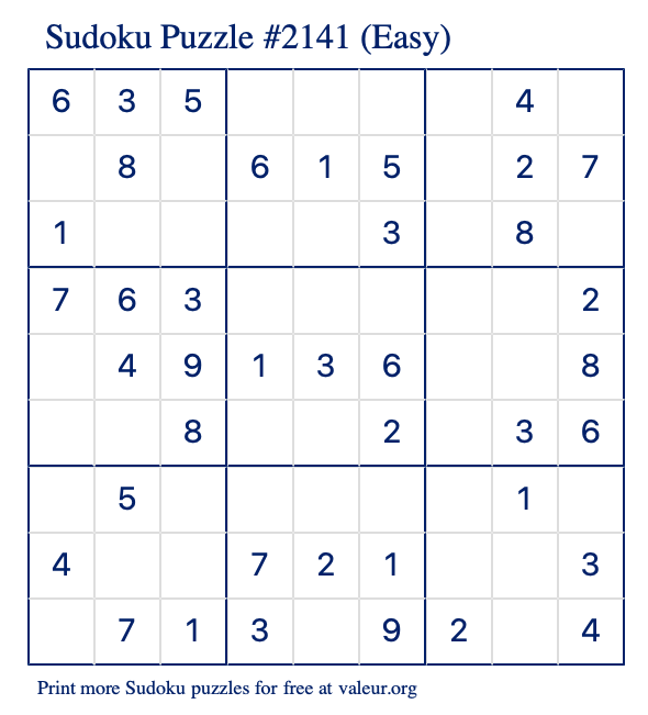 Free Printable Easy Sudoku Puzzle number 2141