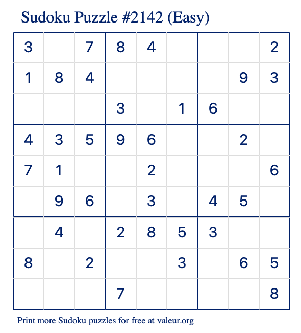 Free Printable Easy Sudoku Puzzle number 2142