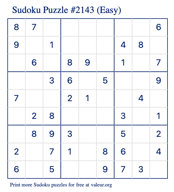 Free Printable Easy Sudoku Puzzle number 2143