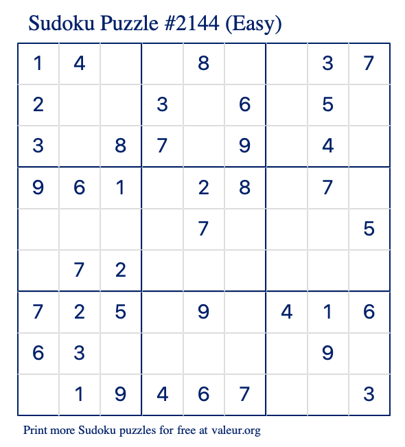 Free Printable Easy Sudoku Puzzle number 2144