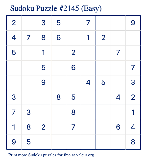 Free Printable Easy Sudoku Puzzle number 2145