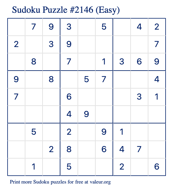 Free Printable Easy Sudoku Puzzle number 2146