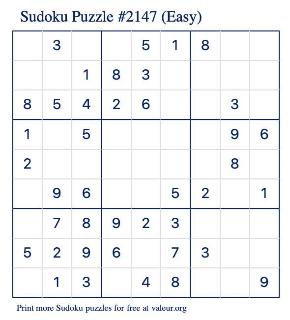 Free Printable Easy Sudoku Puzzle number 2147