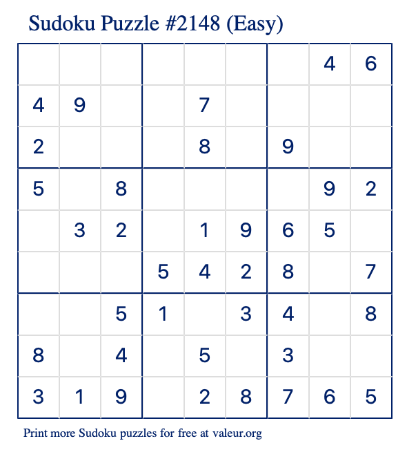 Free Printable Easy Sudoku Puzzle number 2148