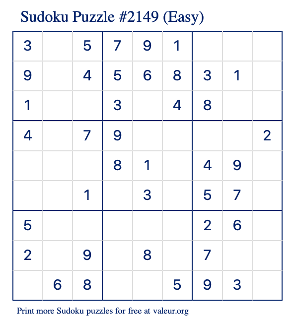 Free Printable Easy Sudoku Puzzle number 2149