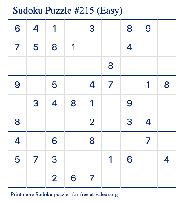 Free Printable Easy Sudoku Puzzle number 215